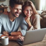 фотореалістичне зображення_ чоловік та дівчина, 30 років, європейці, дивляться у ноутбук і посміхаються